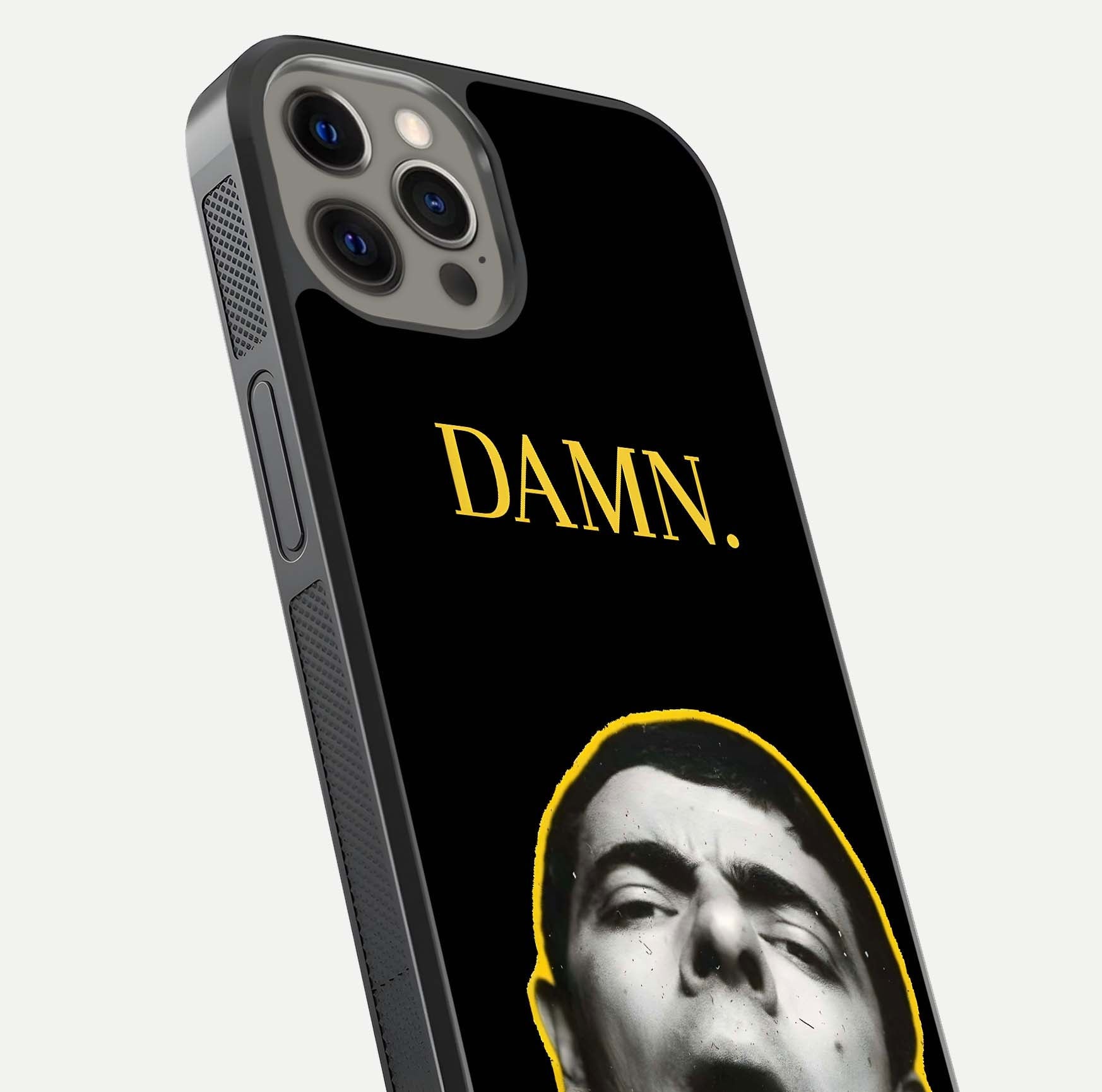 Mr Bean Damn Glass Case for iPhone 12 Pro Max close-up angled shot highlighting comic expression and shine detail
