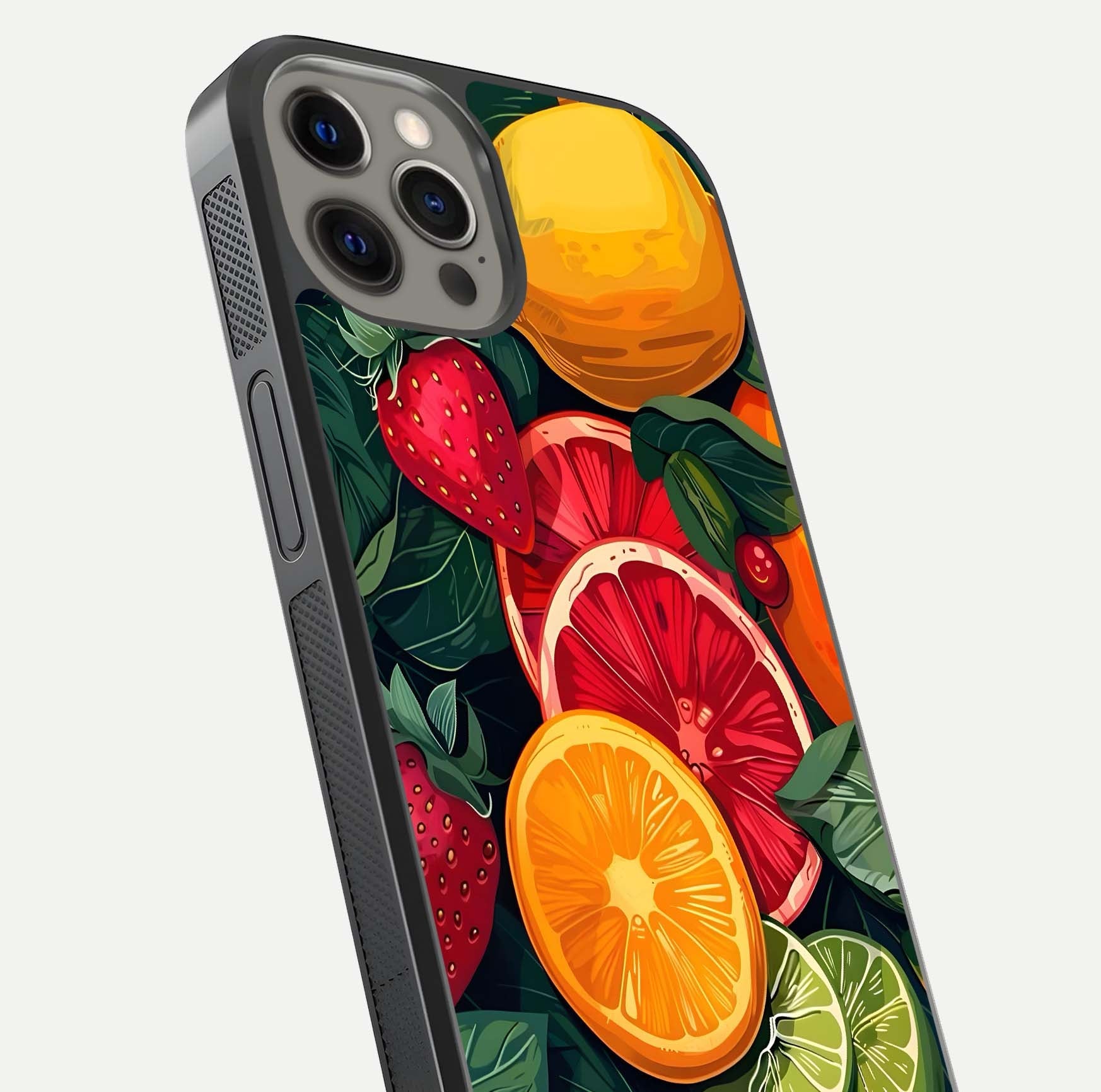 Multiple Fruits Glass Case for iPhone 12 Pro Max close-up angled shot showing fruit texture and HD gloss shine