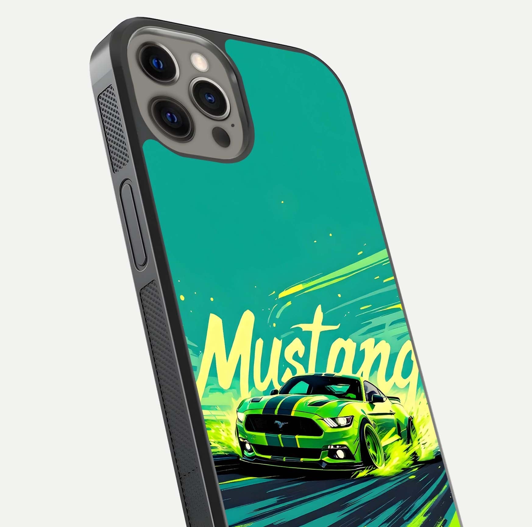 Mustang Bang Glass Case for iPhone 12 Pro Max close-up angled shot showing car emblem and HD reflection