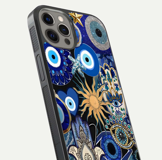 Mystic Blue Evil Eye Glass Case for iPhone 12 Pro Max close-up angled shot highlighting mystical glow and HD reflection
