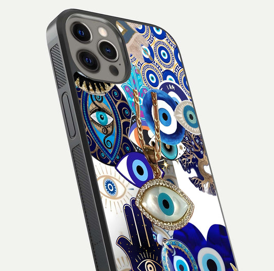 Mystic Charm Eye Glass Case for iPhone 12 Pro Max close-up angled shot showing detailed eye art and reflection