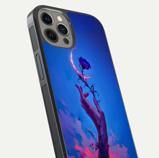 Mystic Hand Glass Case for iPhone 12 Pro Max close-up angled shot showing spiritual markings and reflection