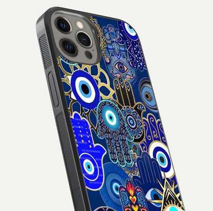 Mystic Palm Guard Glass Case for iPhone 12 Pro Max close-up angled shot showing eye symbol and fine texture