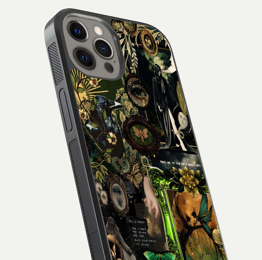 Mystic Woods Secret Glass Case for iPhone 12 Pro Max close-up angled shot highlighting tree texture and reflection