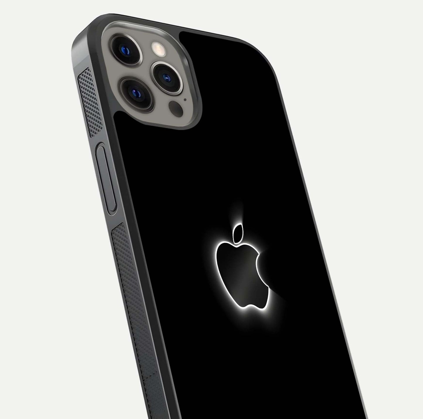 Neon Apple Glow Glass Case for iPhone 12 Pro Max close-up angled shot highlighting neon reflection and color pop