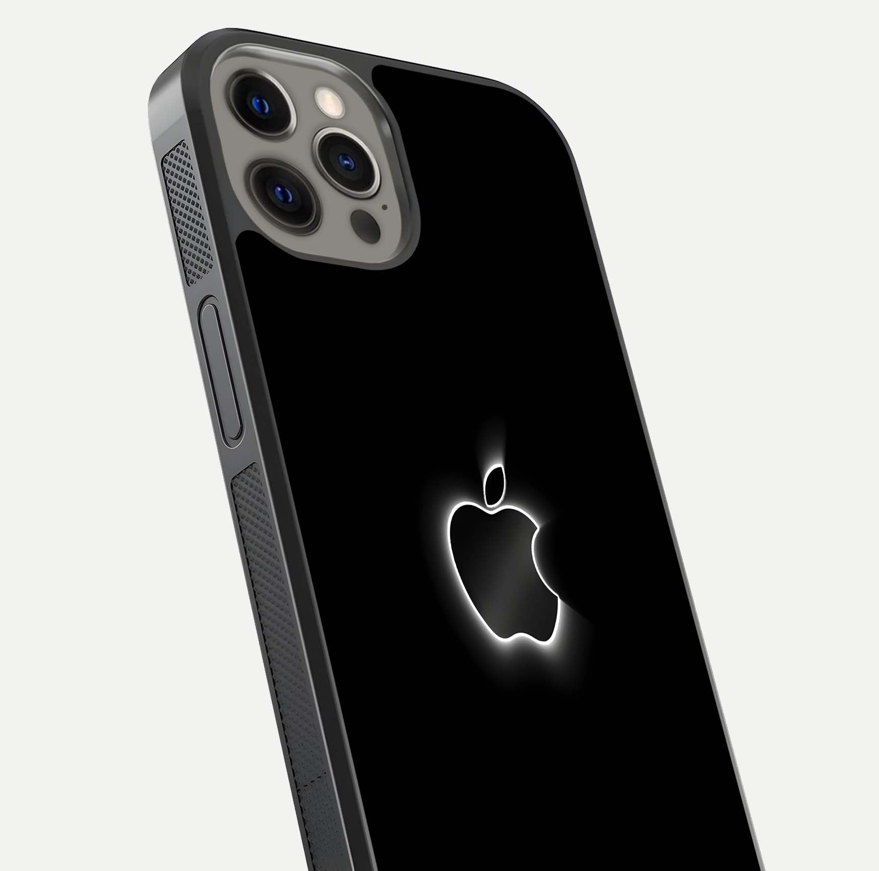 Neon Apple Glow Glass Case for iPhone 12 Pro Max close-up angled shot highlighting neon reflection and color pop