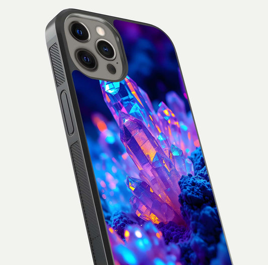 Neon Aura Shards Glass Case for iPhone 12 Pro Max close-up angled shot highlighting fragment pattern and reflection