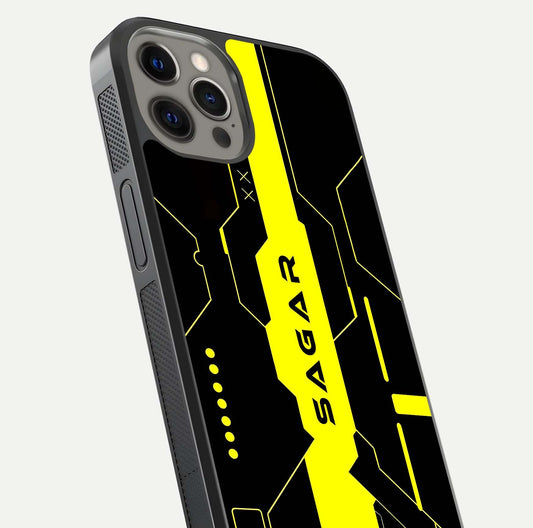 Neon CYBERPUNK Custom Name Glass Case for iPhone 12 Pro Max close-up angled shot highlighting electric colors and reflection