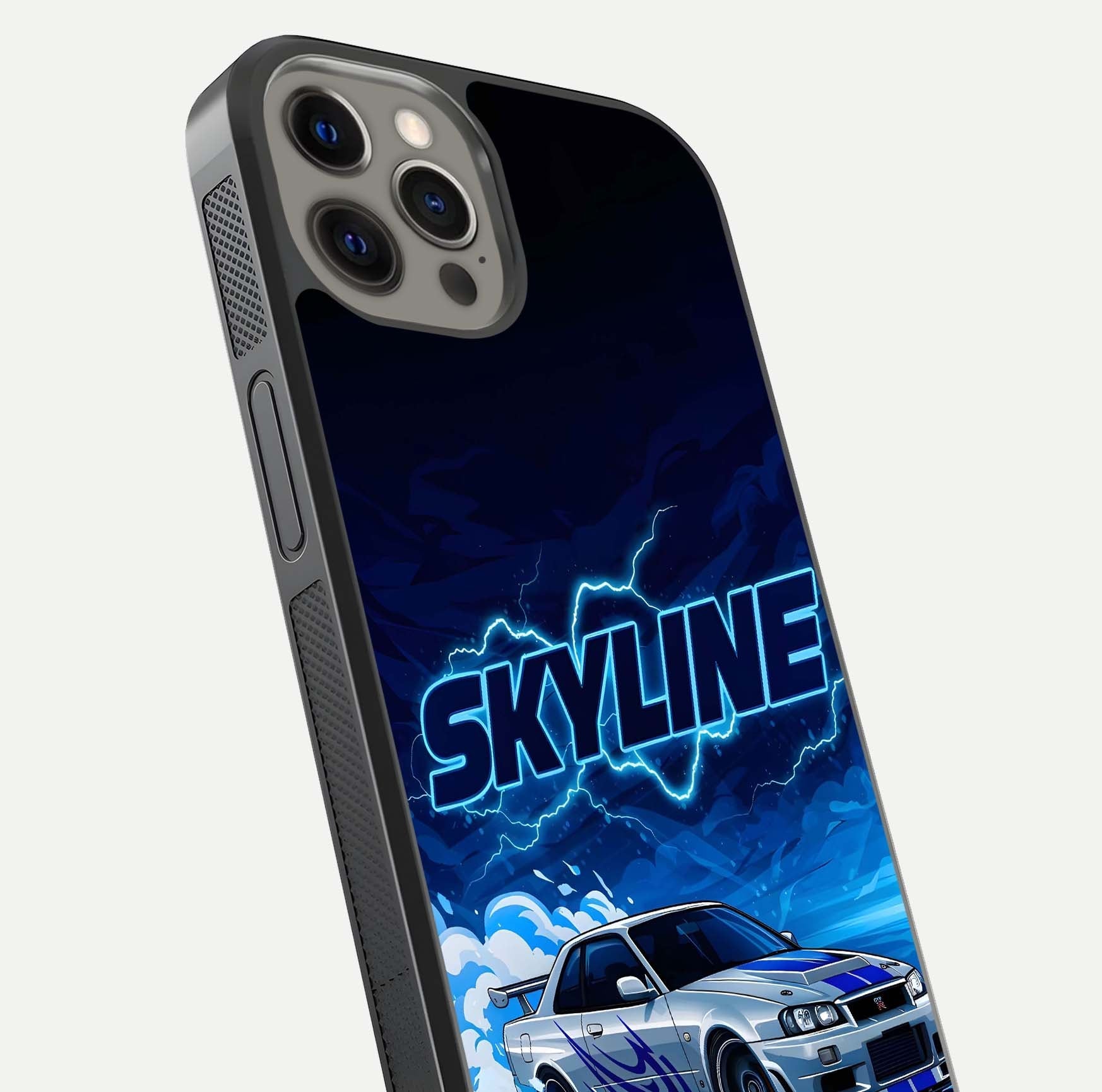Neon Drift Beast Glass Case for iPhone 12 Pro Max close-up angled shot highlighting glowing streaks and vivid reflection