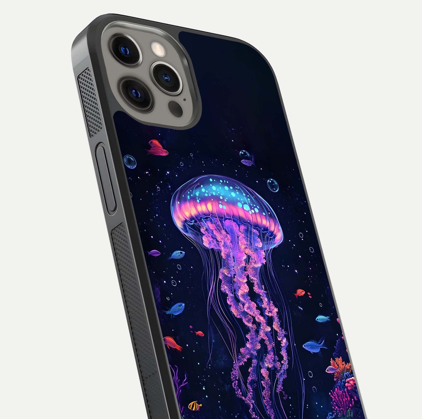 Neon Jellyfish Glass Case for iPhone 12 Pro Max close-up angled shot showing translucent jellyfish and shine reflection