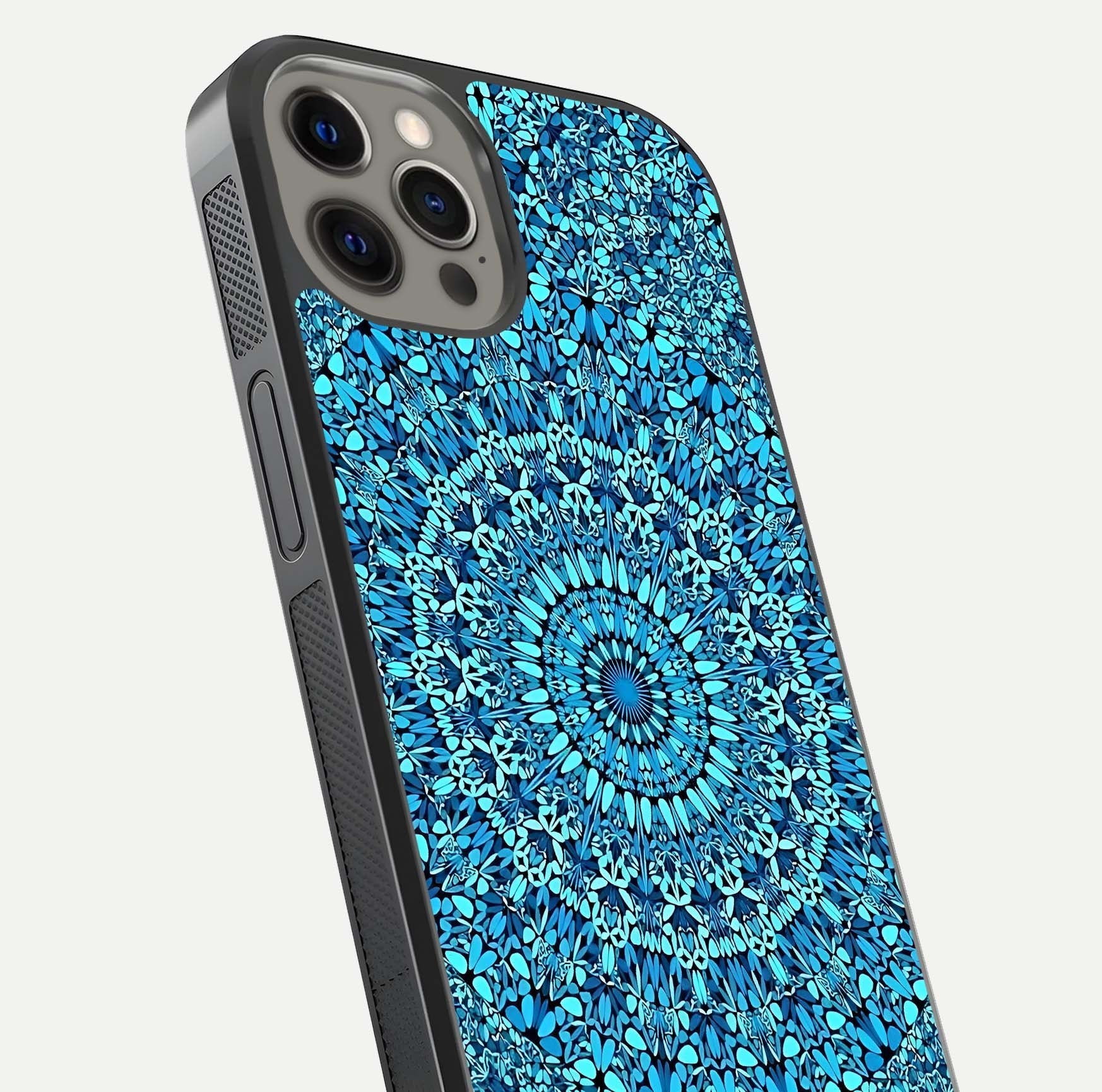 Ocean Bloom Mandala Glass Case for iPhone 12 Pro Max close-up angled shot highlighting detailed mandala and reflection