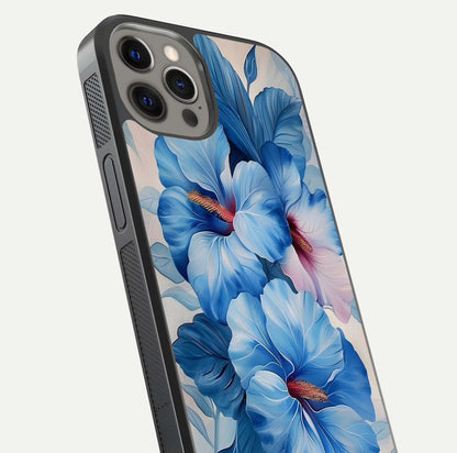 Ocean Hibiscus Grace Glass Case for iPhone 12 Pro Max close-up angled shot highlighting floral glow and HD shine