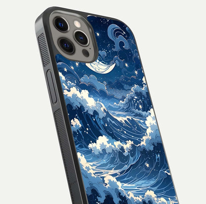 Ocean Moon Waves Glass Case for iPhone 12 Pro Max close-up angled shot showing HD reflection and calm tones