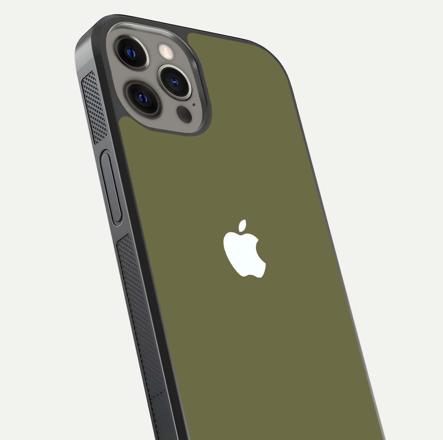 Olive Matte Essence Glass Case for iPhone 12 Pro Max close-up angled shot showing soft reflection and minimal finish
