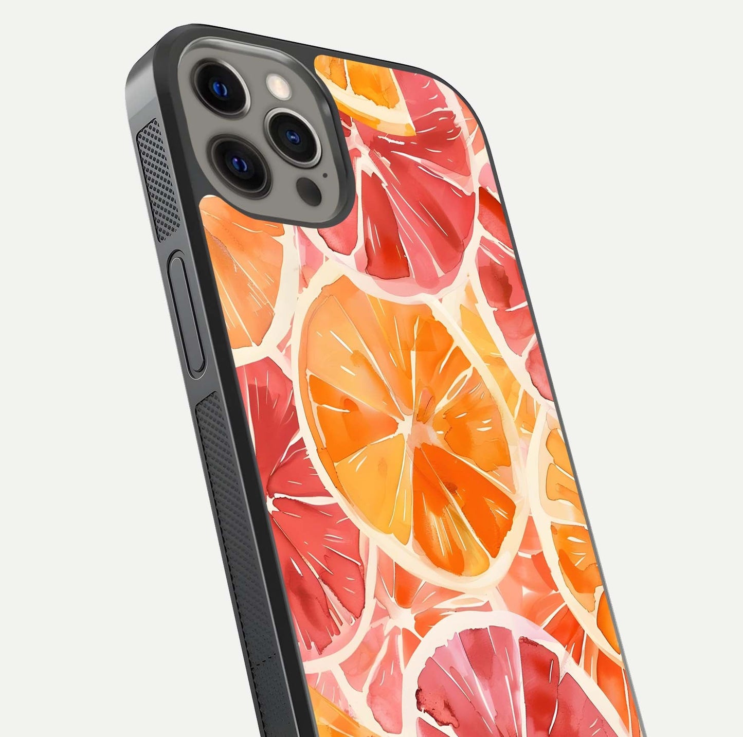 Orange Fruits Pattern Glass Case for iPhone 12 Pro Max close-up angled shot showing juicy fruit texture and reflection