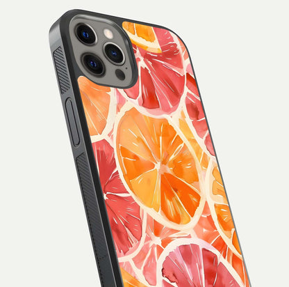 Orange Fruits Pattern Glass Case for iPhone 12 Pro Max close-up angled shot showing juicy fruit texture and reflection