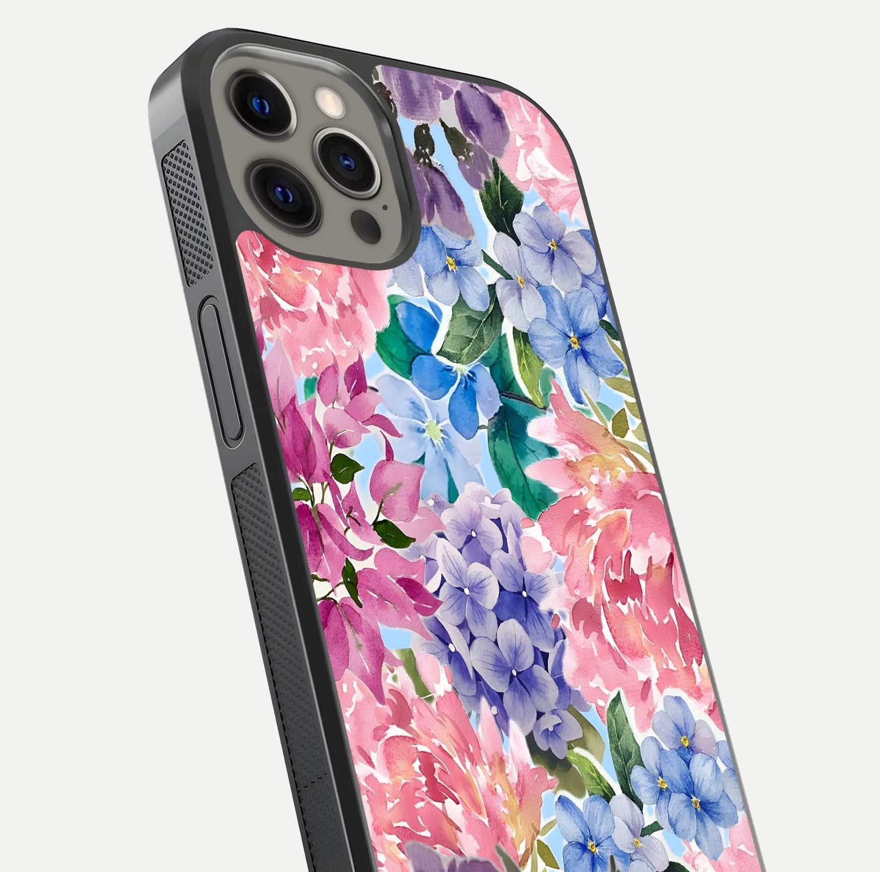 Pastel Floral Mix Glass Case for iPhone 12 Pro Max close-up angled shot highlighting flower detail and reflection
