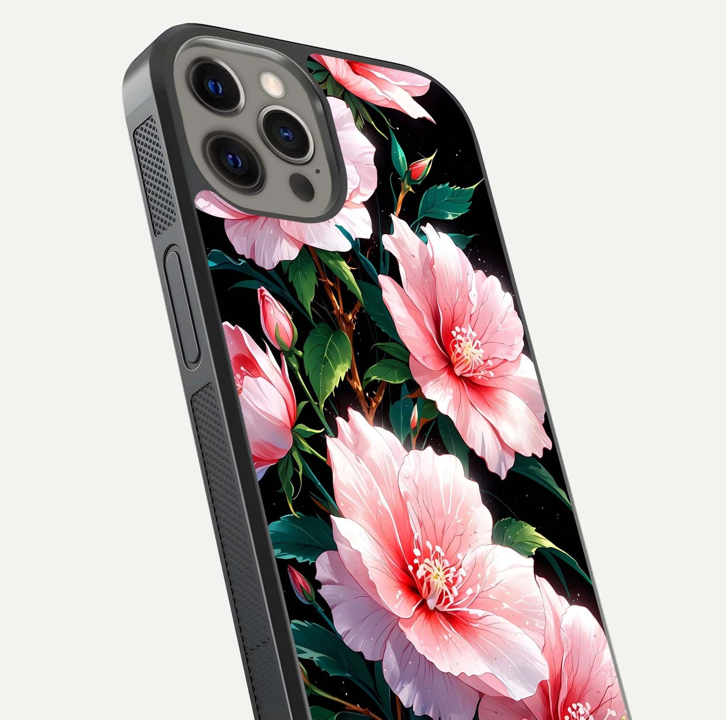 Peach Flower Glass Case for iPhone 12 Pro Max close-up angled shot highlighting floral petals and HD glass reflection