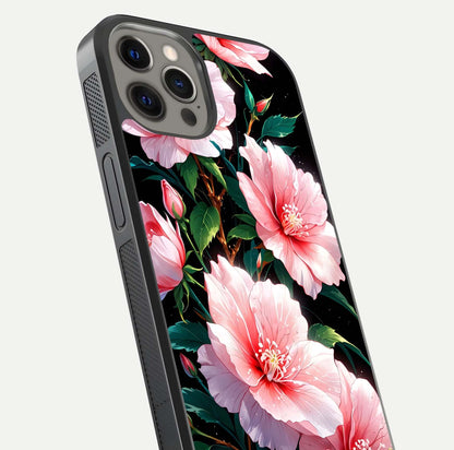 Peach Flower Glass Case for iPhone 12 Pro Max close-up angled shot highlighting floral petals and HD glass reflection