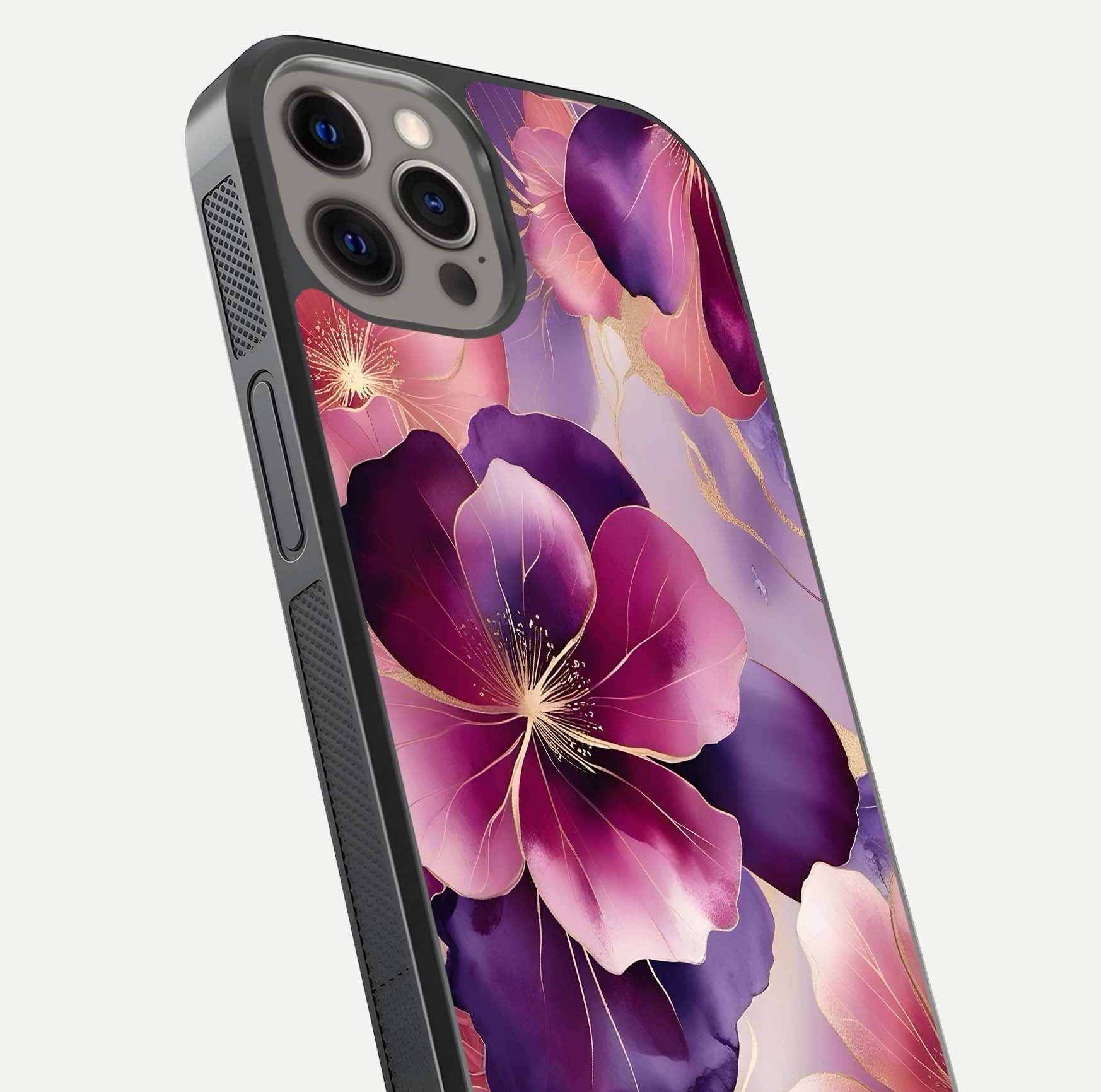 Pink Bouquet Florals Glass Case for iPhone 12 Pro Max close-up angled shot showing bouquet details and reflection