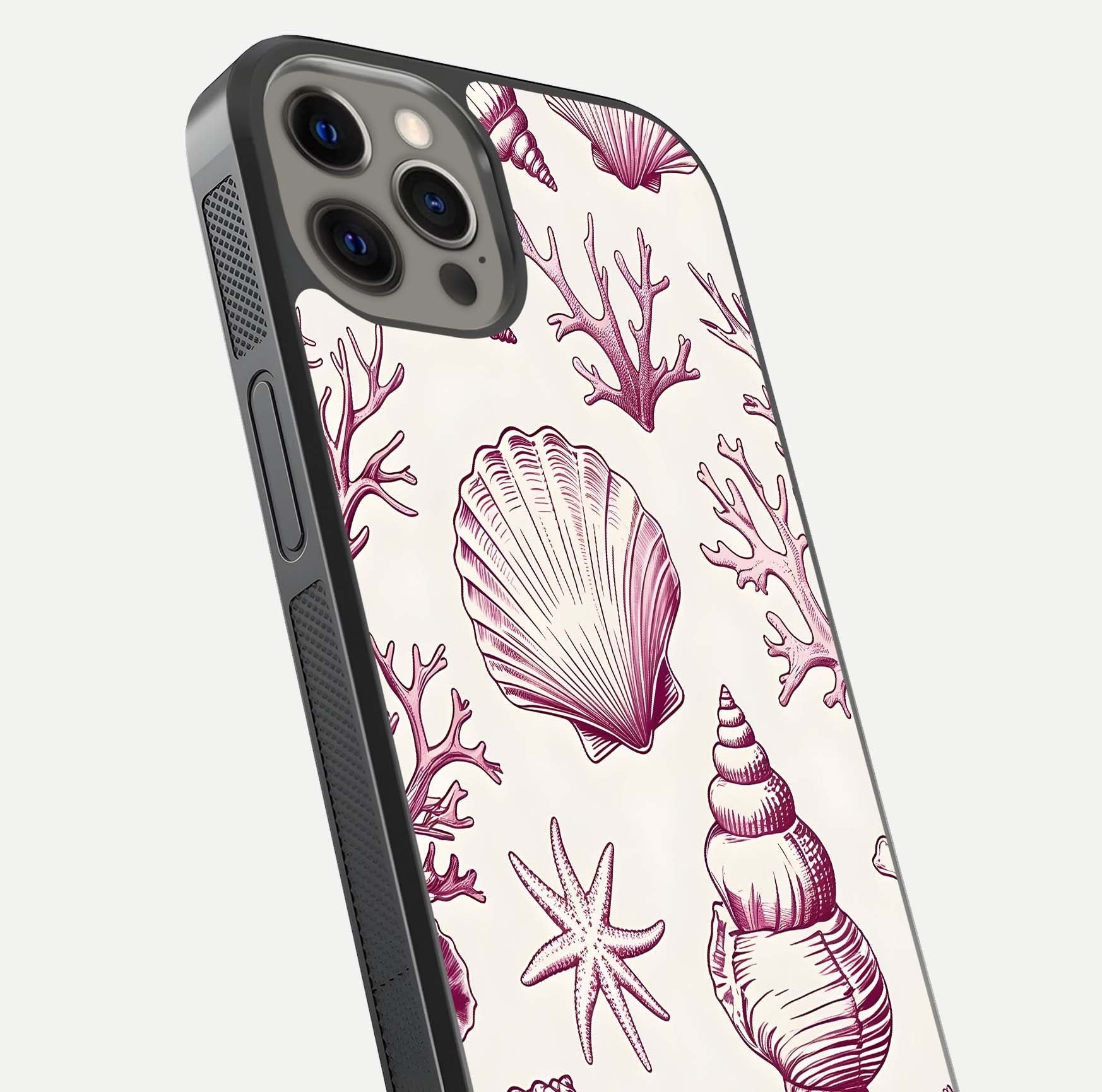 Pink Shells Outline Glass Case for iPhone 12 Pro Max close-up angled shot showing fine shell lines and reflection