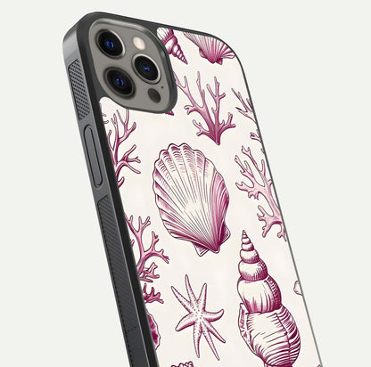 Pink Shells Outline Glass Case for iPhone 12 Pro Max close-up angled shot showing fine shell lines and reflection