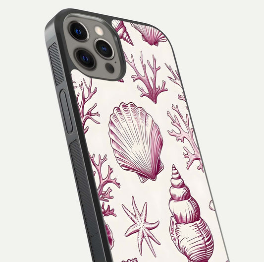 Pink Shells Outline Glass Case for iPhone 12 Pro Max close-up angled shot showing fine shell lines and reflection