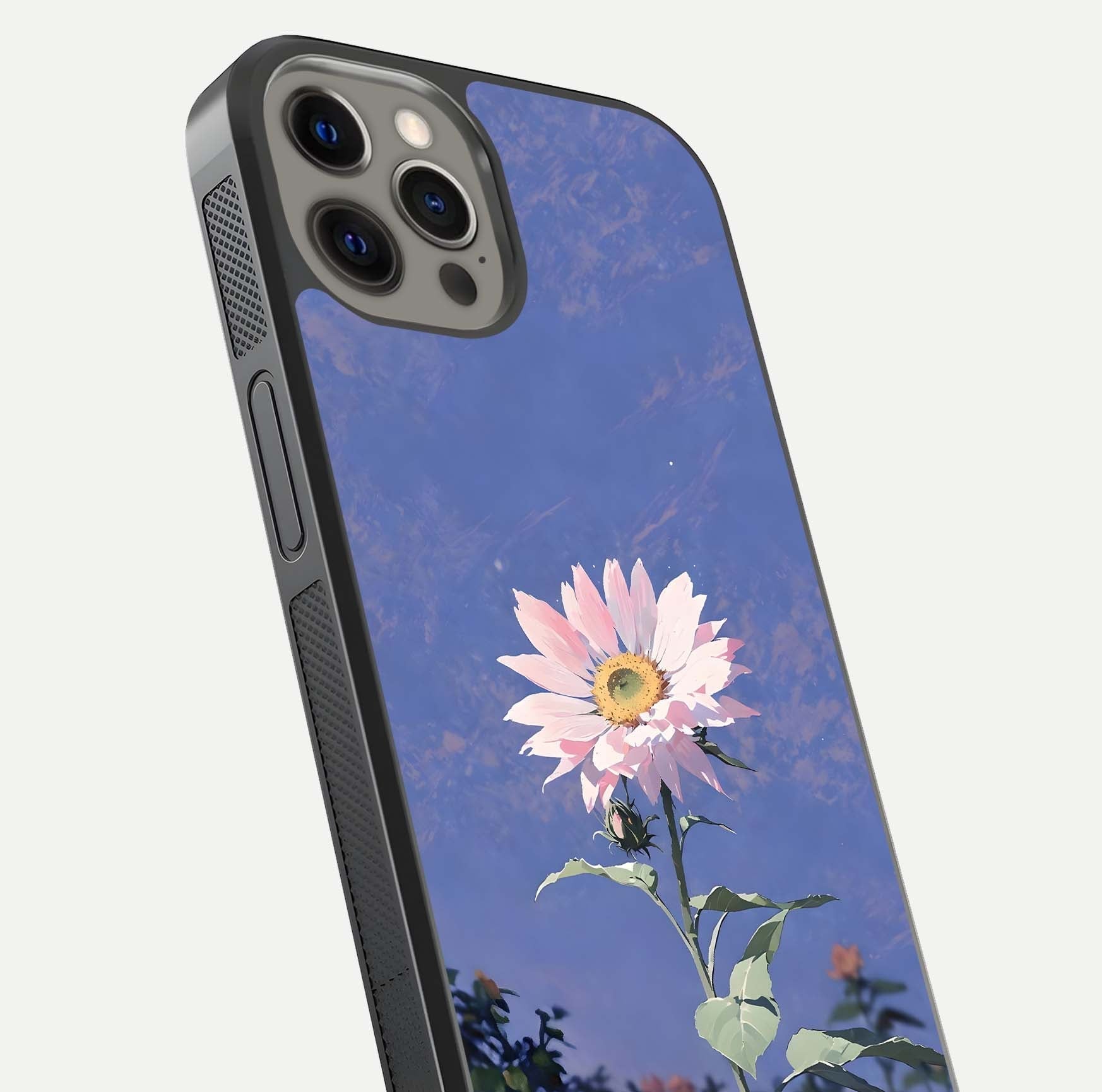 Pink Sunflower Glow Glass Case for iPhone 12 Pro Max close-up angled shot highlighting petal texture and reflection