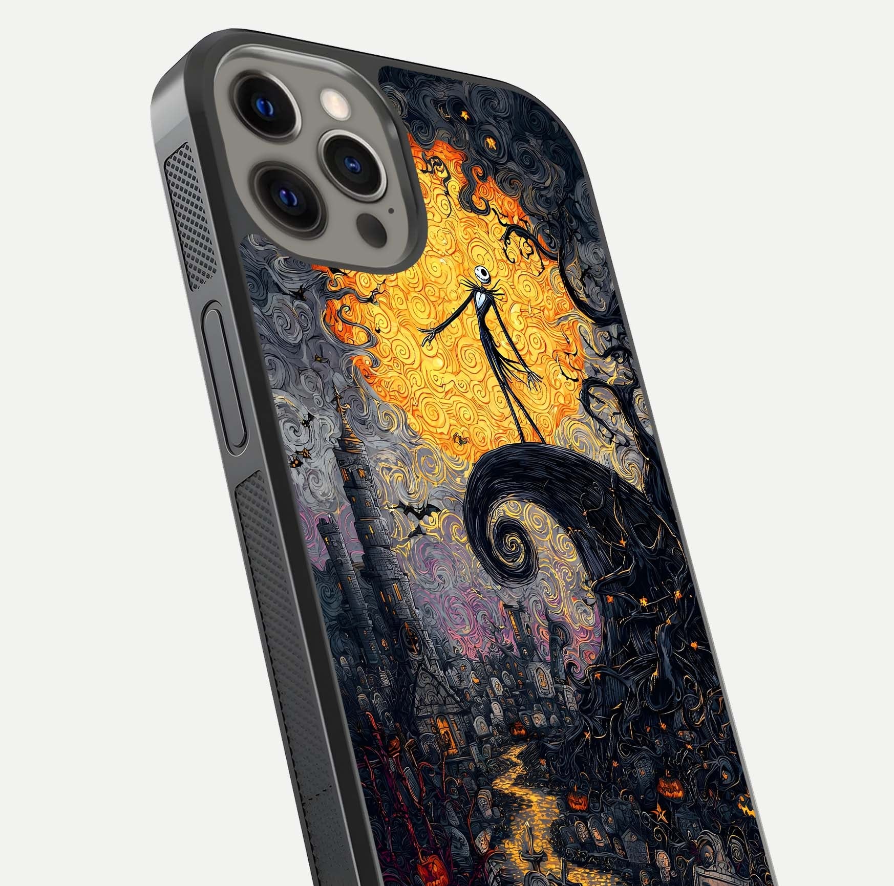 Pumpkin Moon Night Glass Case for iPhone 12 Pro Max close-up angled shot showing moon reflection and Halloween glow