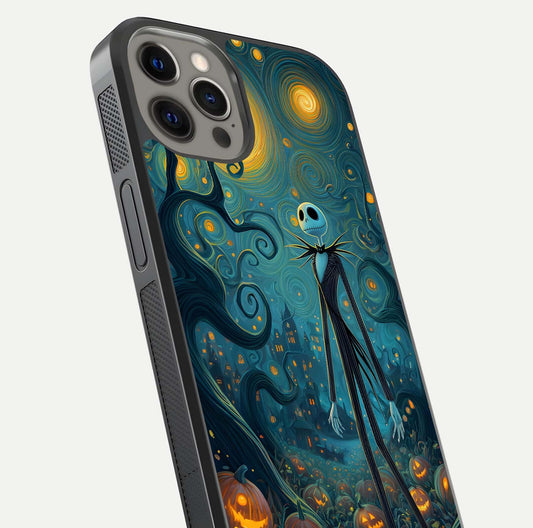 Pumpkin Moonlight Tale Glass Case for iPhone 12 Pro Max close-up angled shot highlighting reflection and vibrant glow