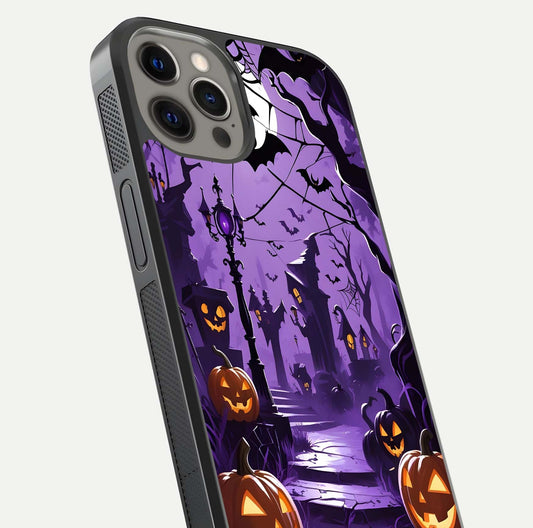 Pumpkin Patch Halloween Glass Case for iPhone 12 Pro Max close-up angled shot highlighting pumpkin texture and shine