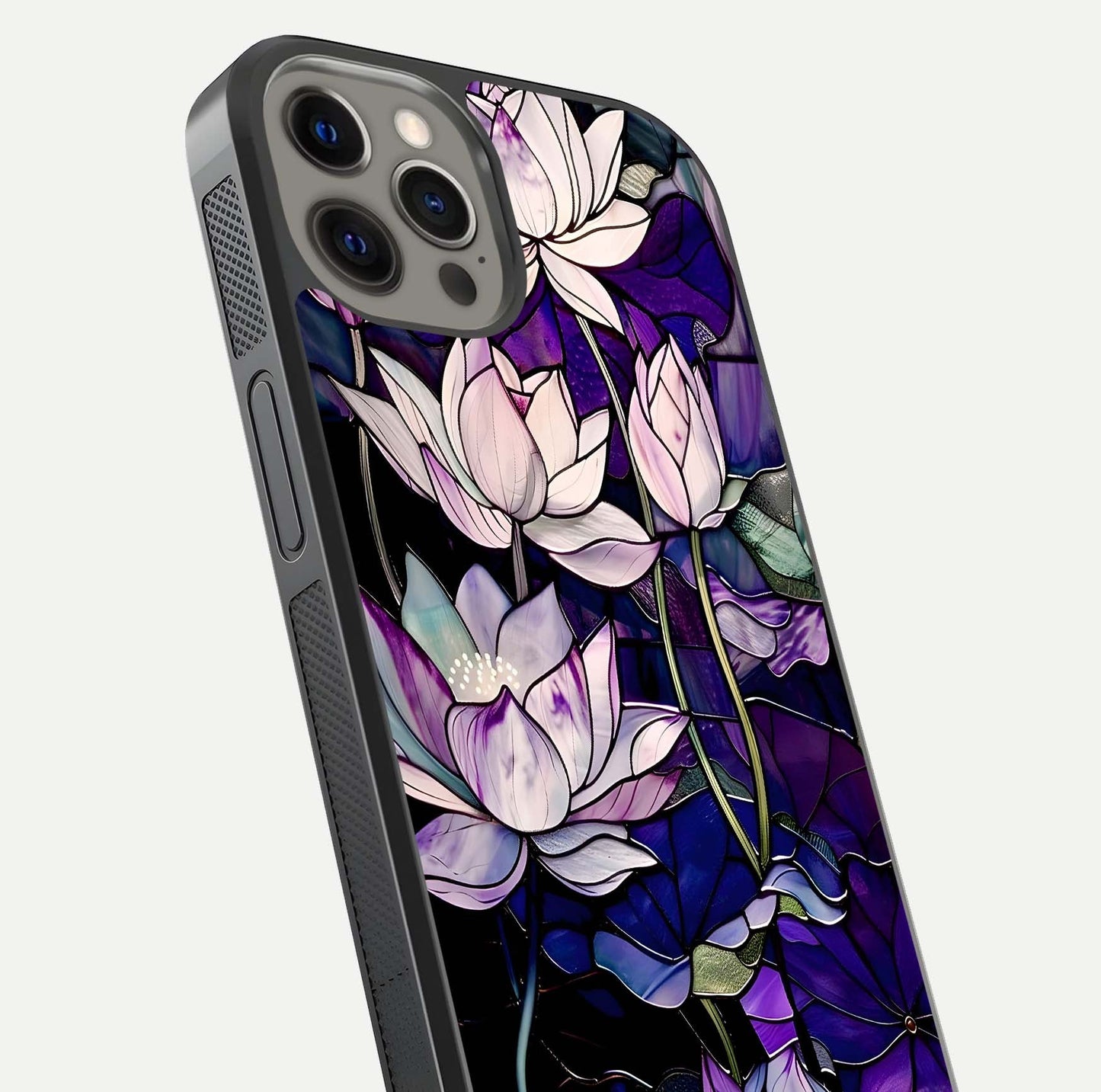 Purple Lotus Pattern Glass Case for iPhone 12 Pro Max close-up angled shot showing petal texture and HD reflection