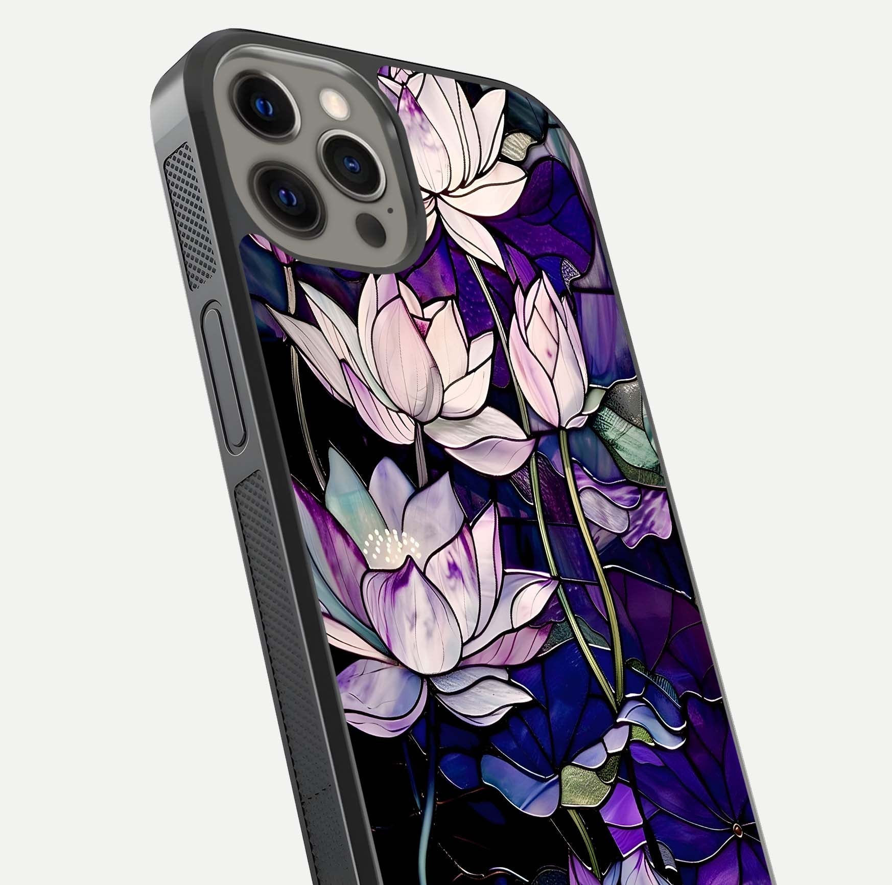 Purple Lotus Pattern Glass Case for iPhone 12 Pro Max close-up angled shot showing petal texture and HD reflection