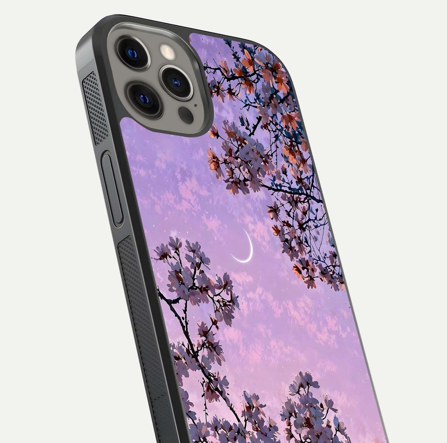 Purple Serenity Moon Glass Case for iPhone 12 Pro Max close-up angled shot showing reflection and gradient purple hues