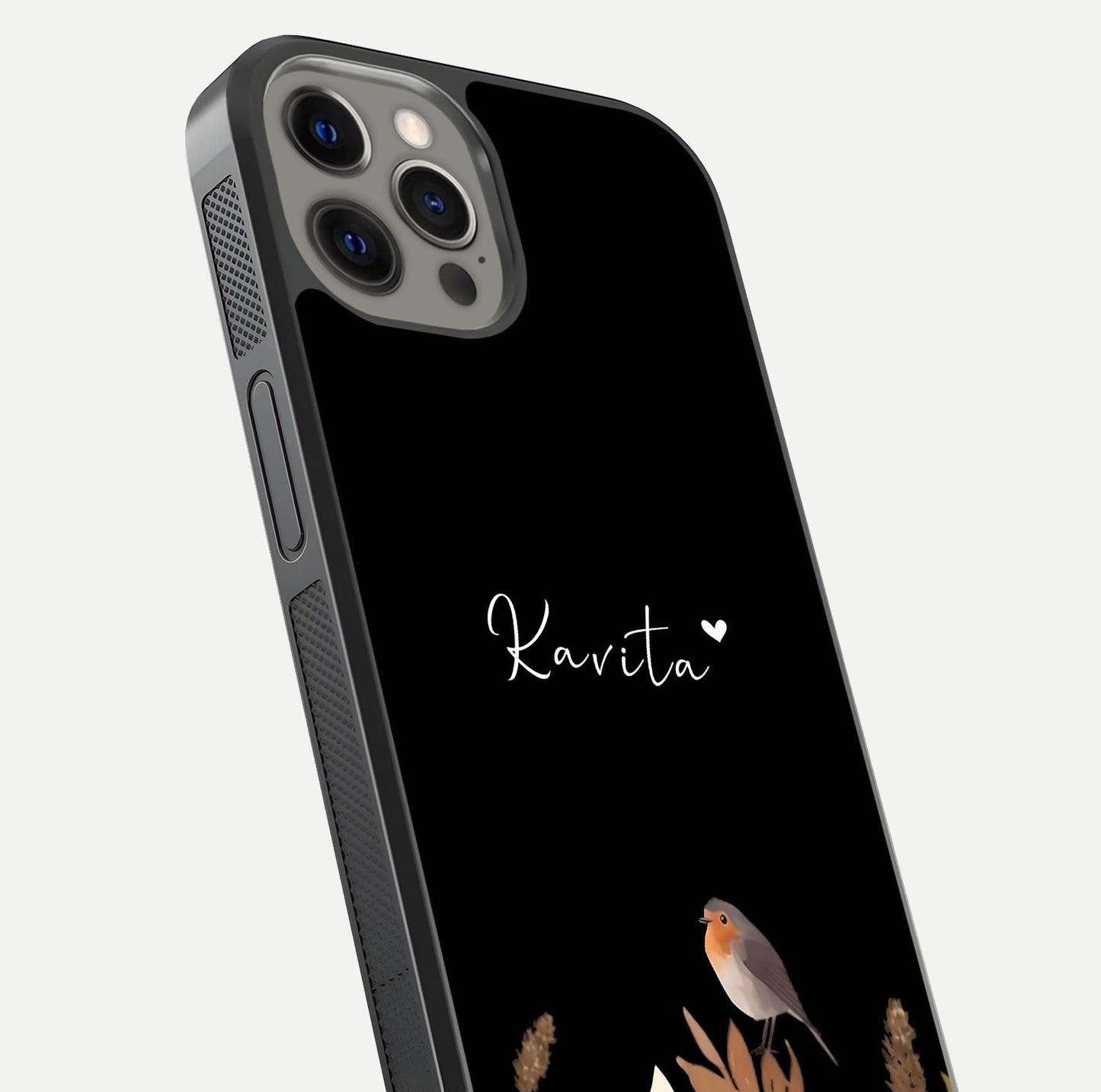 Quiet Garden Tune Custom Name Glass Case for iPhone 12 Pro Max close-up angled shot showing soft tones and gloss reflection