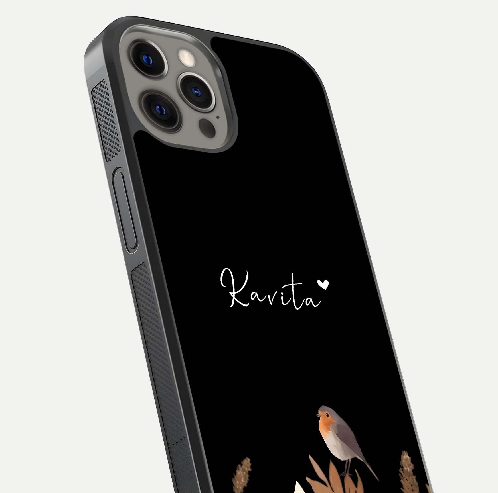 Quiet Garden Tune Custom Name Glass Case for iPhone 12 Pro Max close-up angled shot showing soft tones and gloss reflection
