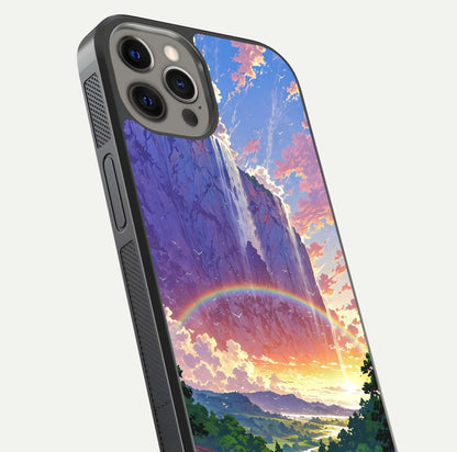 Rainbow Valley Dream Glass Case for iPhone 12 Pro Max close-up angled shot highlighting gradient tones and HD shine