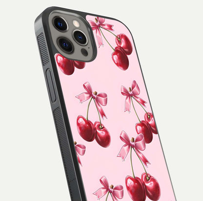 Red Bloom Skies Glass Case for iPhone 12 Pro Max close-up angled shot highlighting detailed blooms and reflection