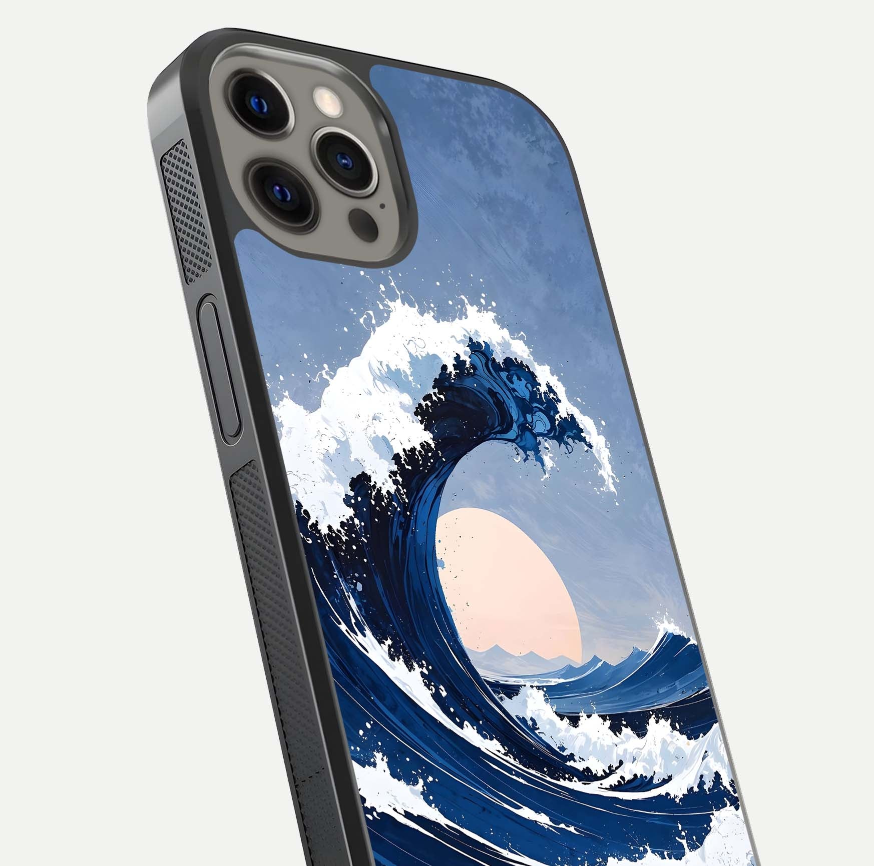 Rising Tide Power Glass Case for iPhone 12 Pro Max close-up angled shot highlighting water motion and reflection