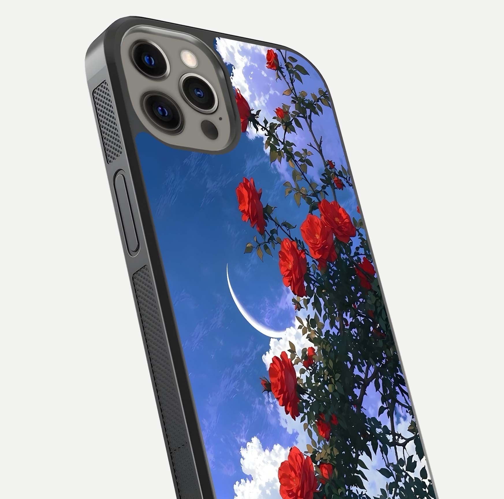 Rose Drift Flowers Glass Case for iPhone 12 Pro Max close-up angled shot highlighting floral texture and reflection