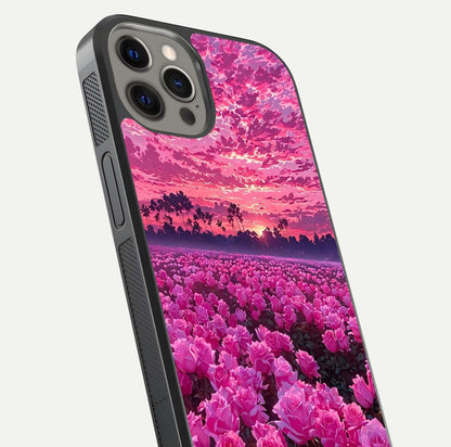 Rose Sunset Valley Glass Case for iPhone 12 Pro Max close-up angled shot showing rose detailing and golden hues