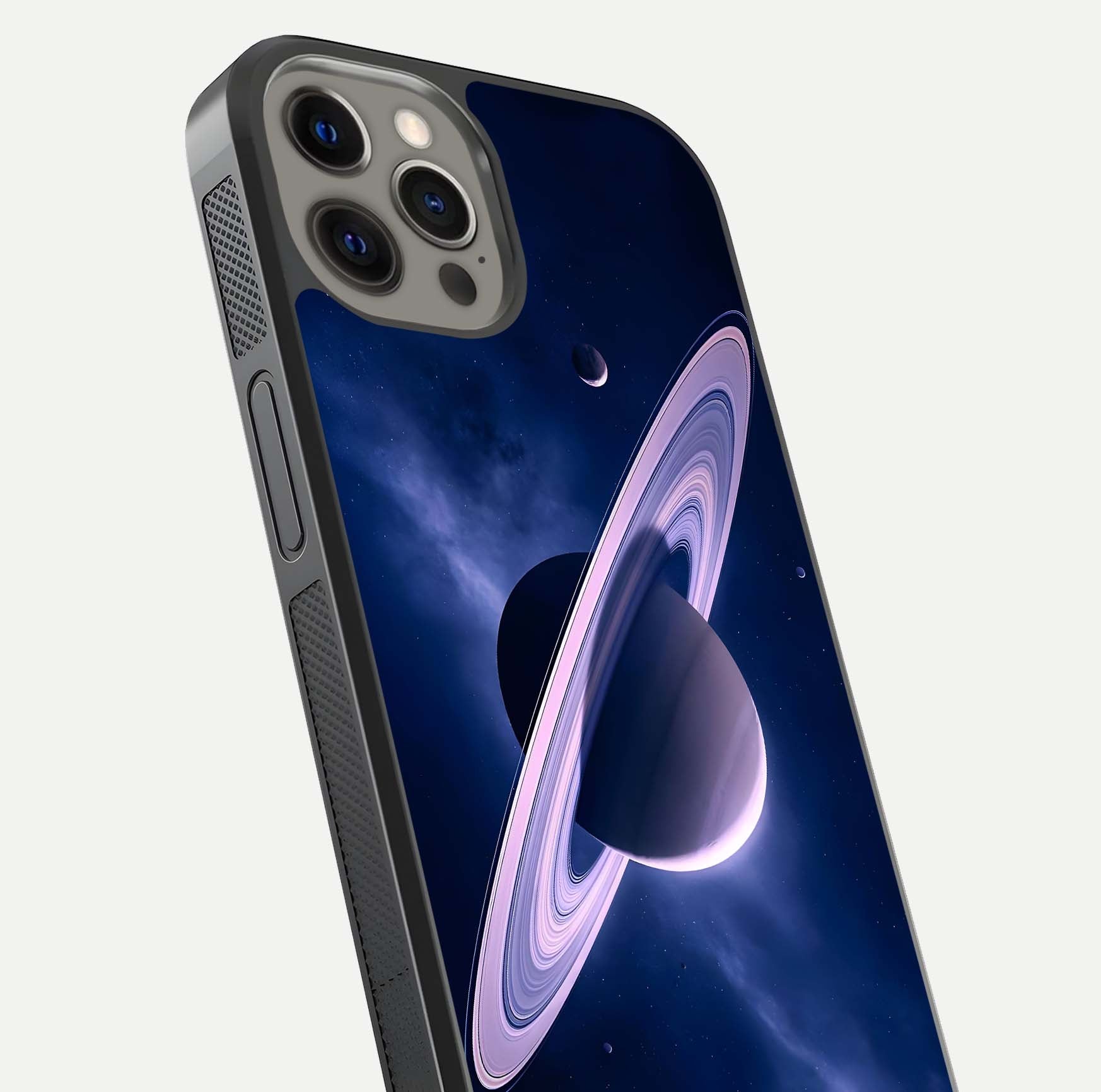 Saturn Ring Mystique Glass Case for iPhone 12 Pro Max close-up angled shot highlighting ring detail and HD reflection