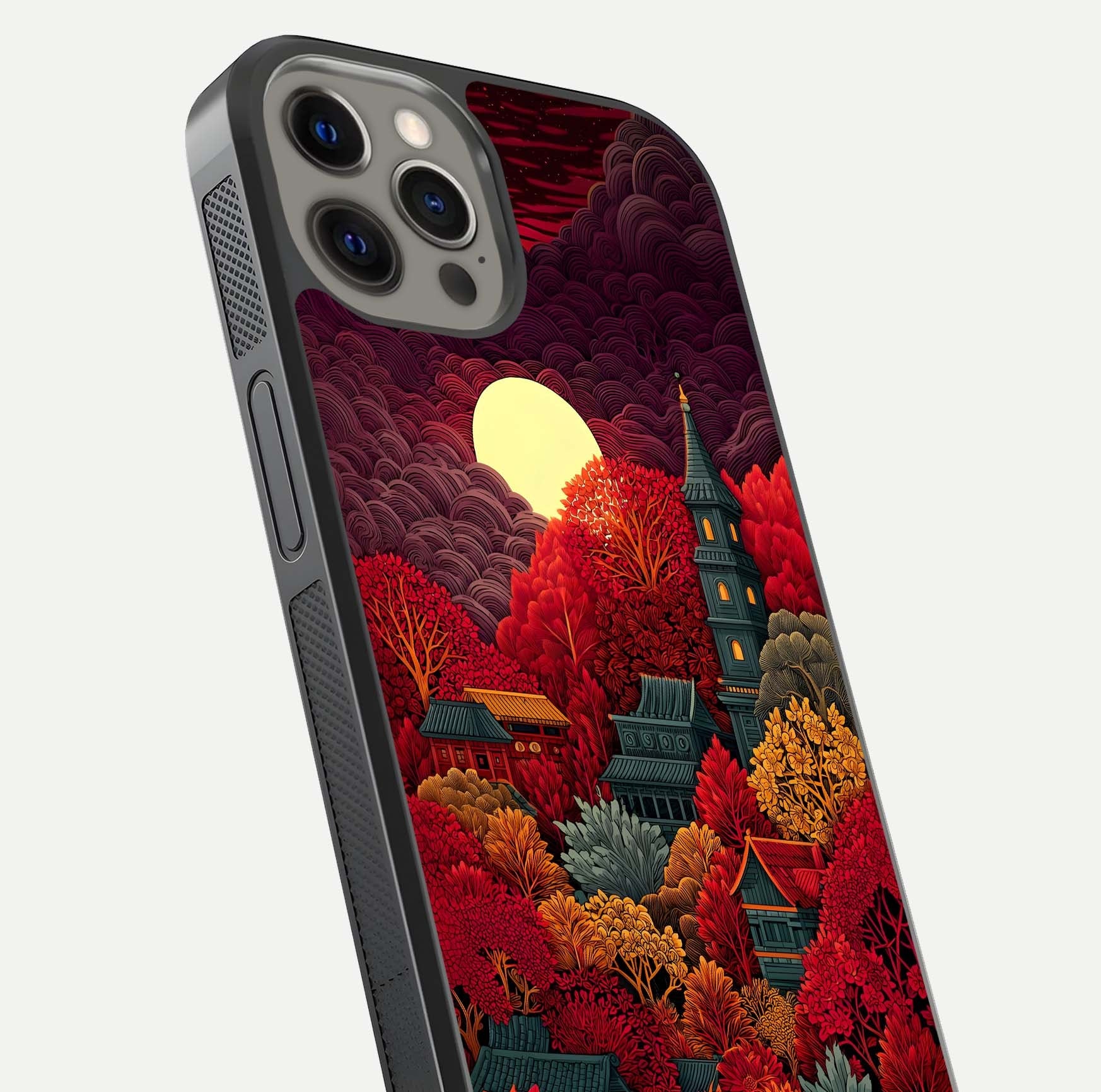 Scarlet Autumn Temple Glass Case for iPhone 12 Pro Max close-up angled shot highlighting golden leaves and reflection