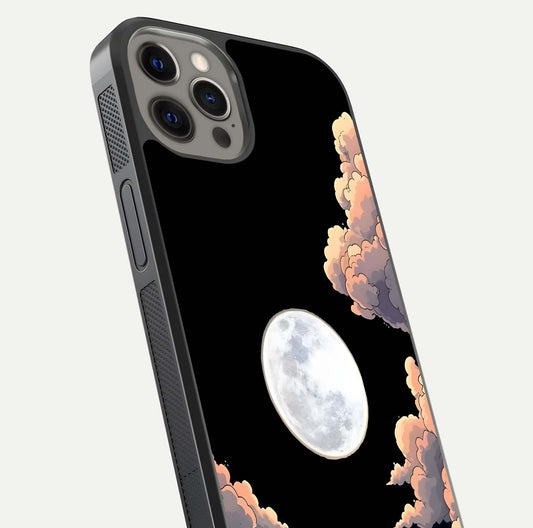 Shade Cloud Moon Glass Case for iPhone 12 Pro Max close-up angled shot highlighting moon reflection and depth