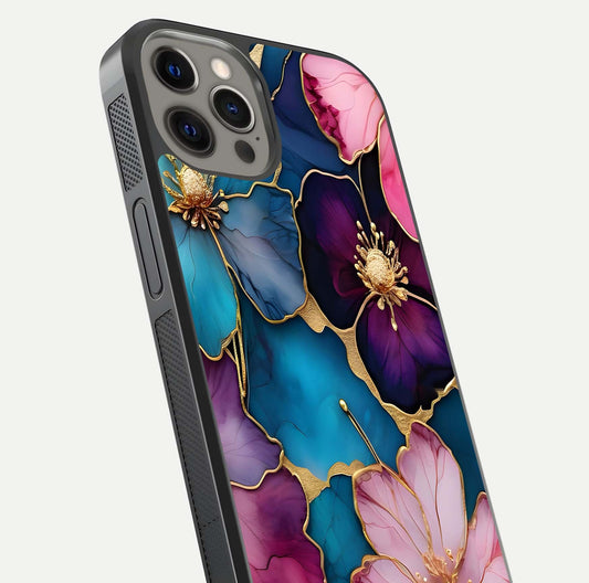 Sparkle Floral Glass Case for iPhone 12 Pro Max close-up angled shot highlighting shimmer details and reflection