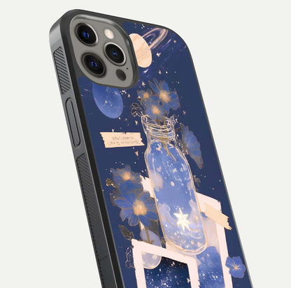 Starlit Cosmic Jar Glass Case for iPhone 12 Pro Max close-up angled shot highlighting stars, reflections, and HD shine