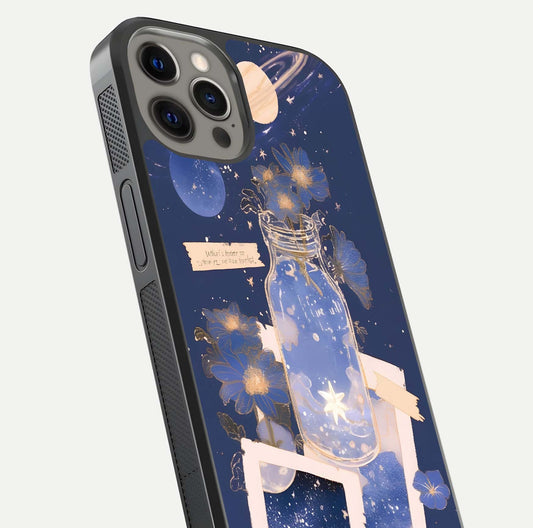 Starlit Cosmic Jar Glass Case for iPhone 12 Pro Max close-up angled shot highlighting stars, reflections, and HD shine