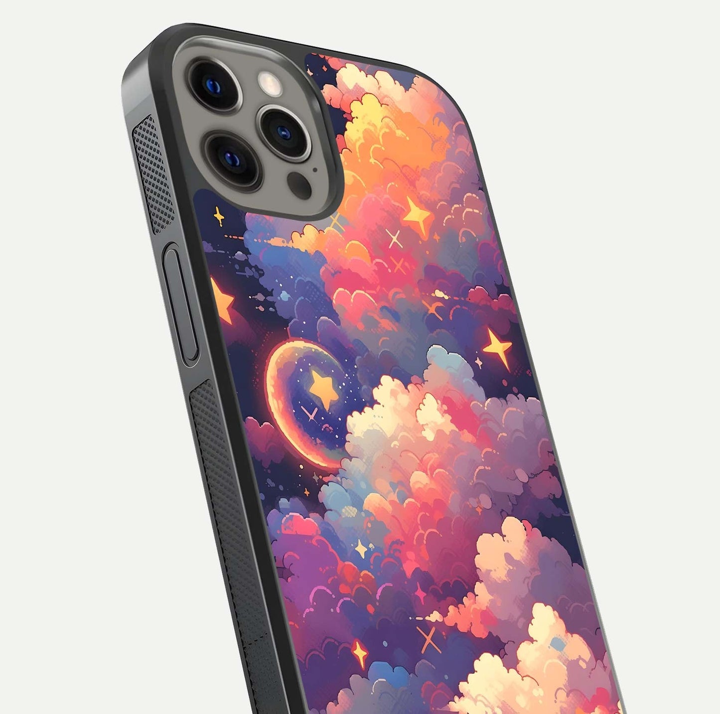 Starlit Dream Clouds Glass Case for iPhone 12 Pro Max close-up angled shot highlighting cloud texture and reflection