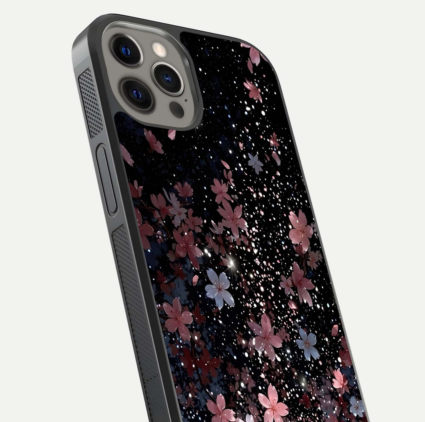 Starlit Flower Dreams Glass Case for iPhone 12 Pro Max close-up angled shot highlighting petal reflection and HD depth