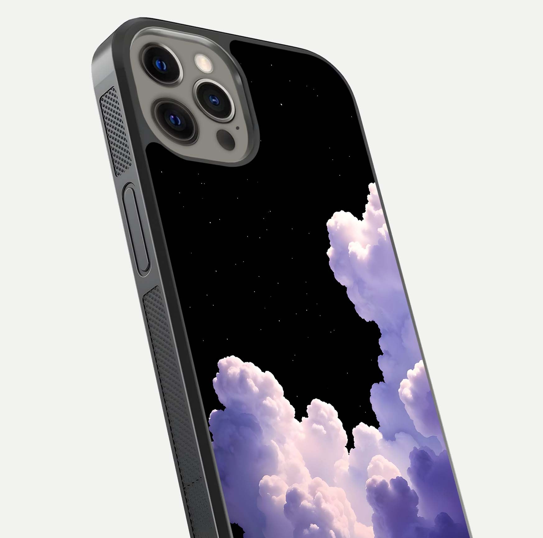 Starlit Night Whispers Glass Case for iPhone 12 Pro Max close-up angled shot highlighting stars and reflection